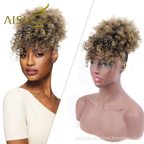 Aisi Beauty New Design Wholesale Mixed Brown Blonde Fluffy Puff Hairpiece Extension With Bangs Curly Afro Kinky Afro Hair Bun